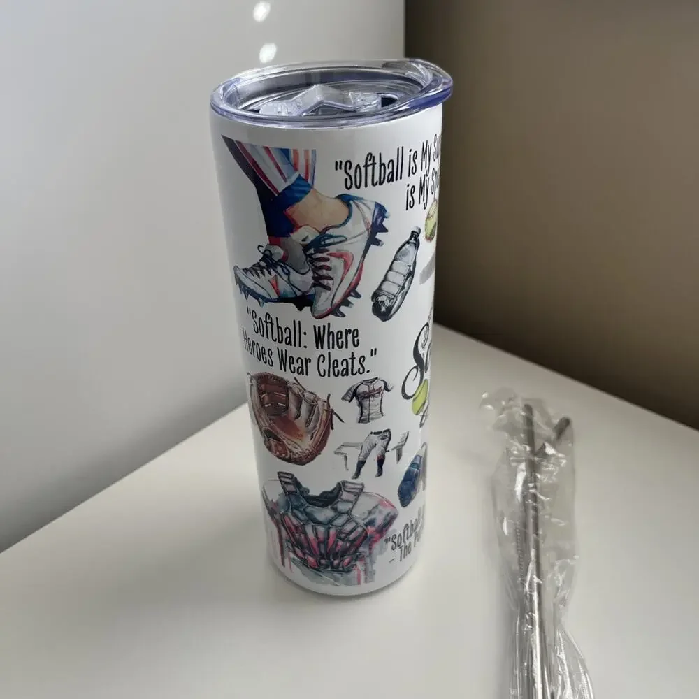 Custom Printed 20oz Tumbler Softball Design With Lid Straws And Straw Cleaner